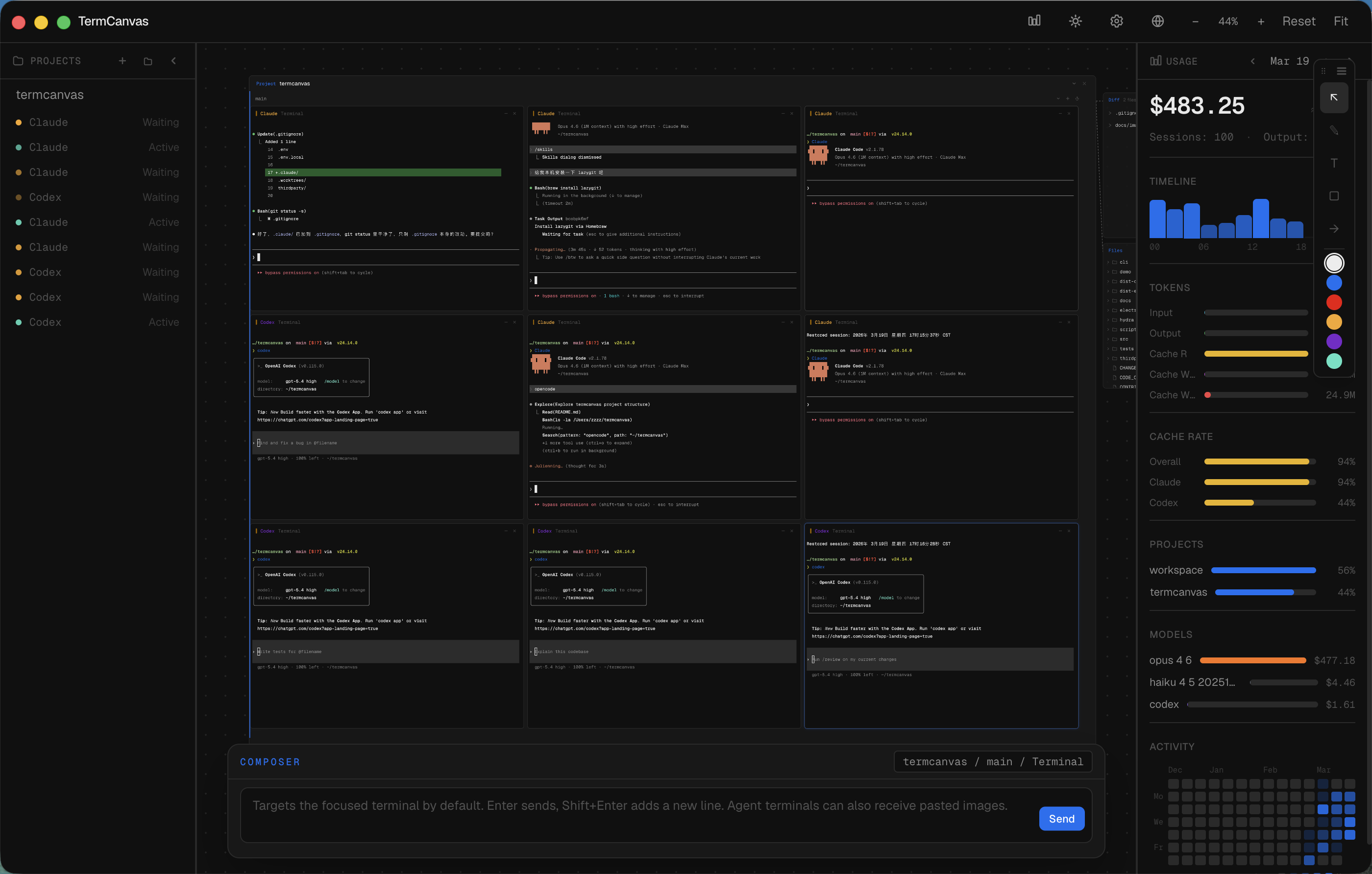 TermCanvas workspace with multiple AI agents